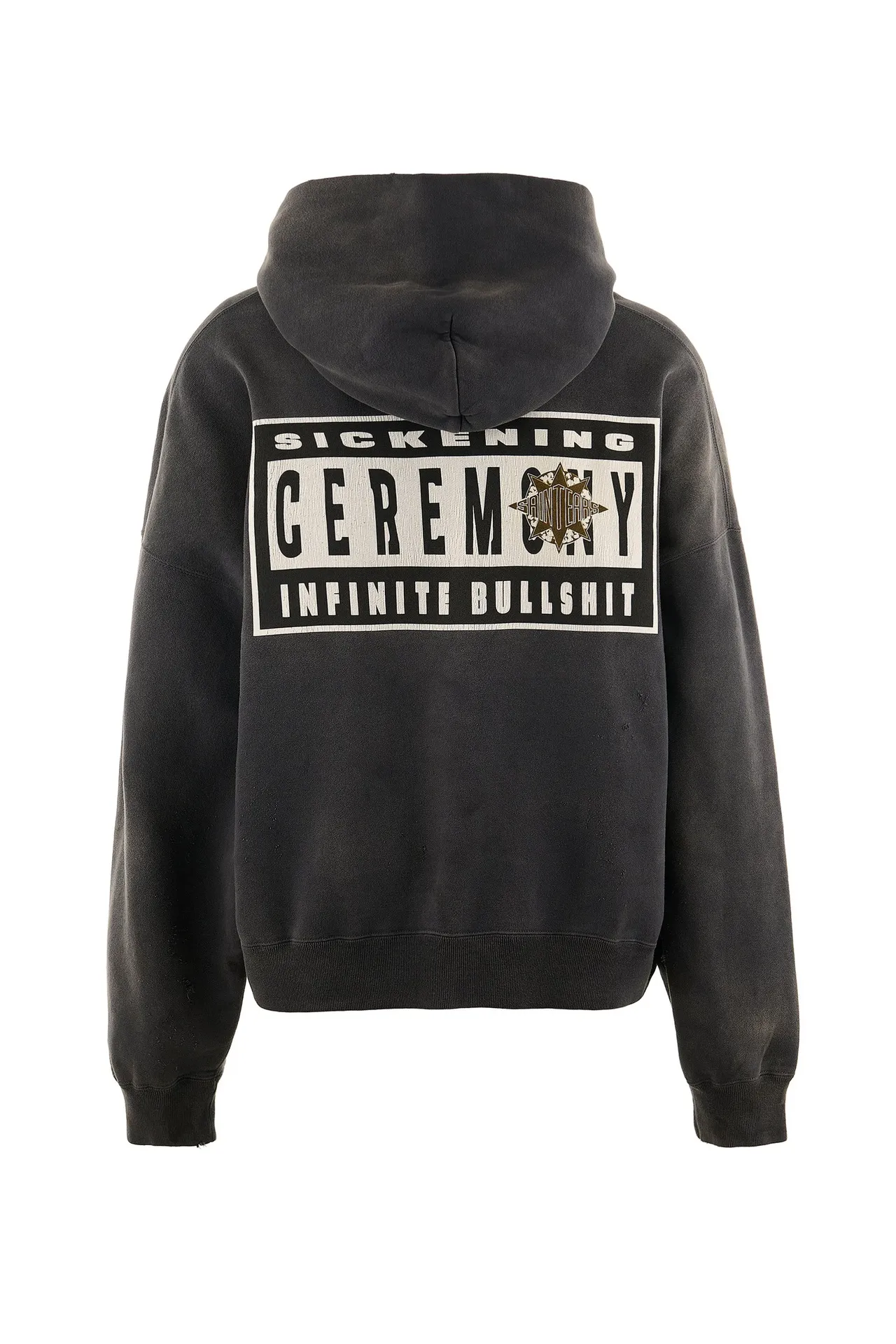 DENIM TEARS x SAINT Mxxxxxx SAINT TEARS Hoodie/BLK Five-pointed star cotton hole-in-the-dark distressed hoodie, washed black S-XL Assute dyeing, whole piece sprayed with horse fade/horse weight, co-branded main mark/cotton wash mark/cherub mark, many hanging holes on the front and rear panels, the original version has the same loose fit